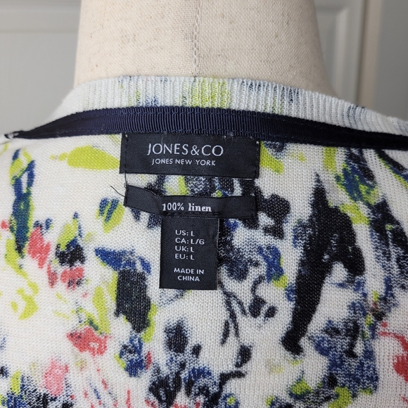 Jones & Co New York women's Cardigan- LARGE- 3/4 Sleeve cream Linen floral print - Picture 11 of 12
